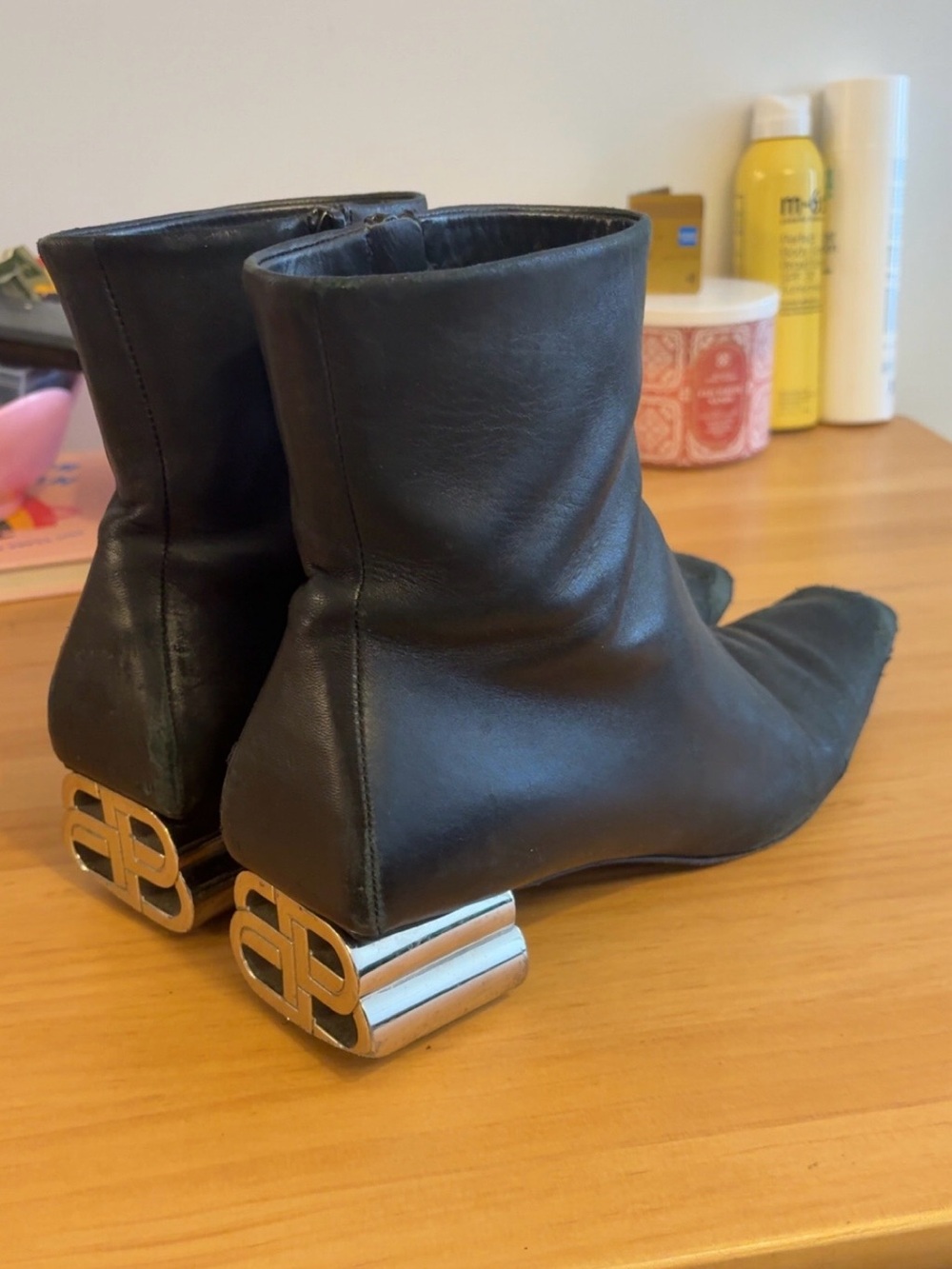 Balenciaga Black Leather Ankle Boots with Silver BB Heels